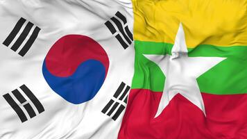 South Korea and Myanmar, Burma Flags Together Seamless Looping Background, Looped Bump Texture Cloth Waving Slow Motion, 3D Rendering video