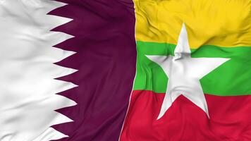 Qatar and Myanmar, Burma Flags Together Seamless Looping Background, Looped Bump Texture Cloth Waving Slow Motion, 3D Rendering video
