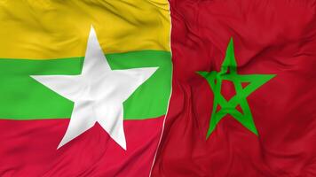 Morocco and Myanmar, Burma Flags Together Seamless Looping Background, Looped Bump Texture Cloth Waving Slow Motion, 3D Rendering video