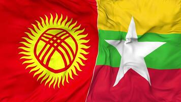 Kyrgyzstan and Myanmar, Burma Flags Together Seamless Looping Background, Looped Bump Texture Cloth Waving Slow Motion, 3D Rendering video