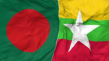 Bangladesh and Myanmar, Burma Flags Together Seamless Looping Background, Looped Bump Texture Cloth Waving Slow Motion, 3D Rendering video