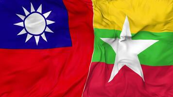 Taiwan and Myanmar, Burma Flags Together Seamless Looping Background, Looped Bump Texture Cloth Waving Slow Motion, 3D Rendering video