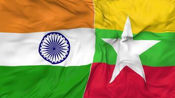 India and Myanmar, Burma Flags Together Seamless Looping Background, Looped Bump Texture Cloth Waving Slow Motion, 3D Rendering video