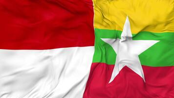 Indonesia and Myanmar, Burma Flags Together Seamless Looping Background, Looped Bump Texture Cloth Waving Slow Motion, 3D Rendering video