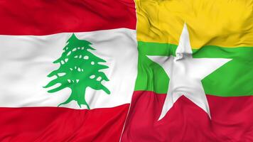 Lebanon and Myanmar, Burma Flags Together Seamless Looping Background, Looped Bump Texture Cloth Waving Slow Motion, 3D Rendering video