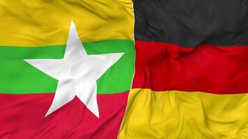 Alemanha e Mianmar, Birmânia bandeiras juntos desatado looping fundo, em loop colisão textura pano acenando lento movimento, 3d Renderização video