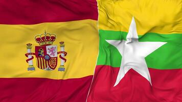 Spanien und Myanmar, Birma Flaggen zusammen nahtlos Schleifen Hintergrund, geloopt stoßen Textur Stoff winken schleppend Bewegung, 3d Rendern video