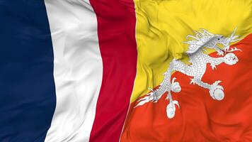 France and Bhutan Flags Together Seamless Looping Background, Looped Bump Texture Cloth Waving Slow Motion, 3D Rendering video