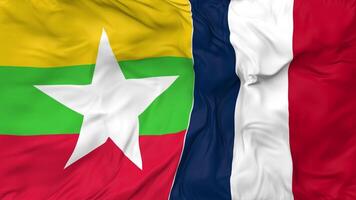 France and Myanmar, Burma Flags Together Seamless Looping Background, Looped Bump Texture Cloth Waving Slow Motion, 3D Rendering video