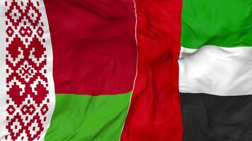 United Arab Emirates and Belarus Flags Together Seamless Looping Background, Looped Bump Texture Cloth Waving Slow Motion, 3D Rendering video