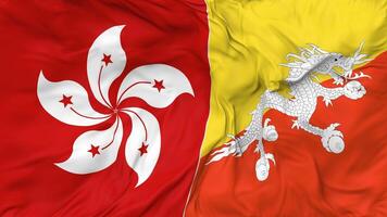 Hong Kong and Bhutan Flags Together Seamless Looping Background, Looped Bump Texture Cloth Waving Slow Motion, 3D Rendering video