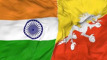 India and Bhutan Flags Together Seamless Looping Background, Looped Bump Texture Cloth Waving Slow Motion, 3D Rendering video