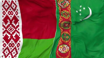 Turkmenistan and Belarus Flags Together Seamless Looping Background, Looped Bump Texture Cloth Waving Slow Motion, 3D Rendering video