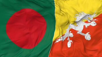 Bangladesh and Bhutan Flags Together Seamless Looping Background, Looped Bump Texture Cloth Waving Slow Motion, 3D Rendering video