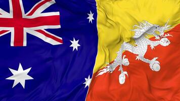 Australia and Bhutan Flags Together Seamless Looping Background, Looped Bump Texture Cloth Waving Slow Motion, 3D Rendering video