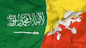 ksa, Reino de saudi arabia y Bután banderas juntos sin costura bucle fondo, serpenteado bache textura paño ondulación lento movimiento, 3d representación video