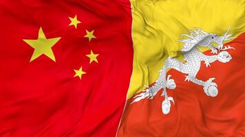 China and Bhutan Flags Together Seamless Looping Background, Looped Bump Texture Cloth Waving Slow Motion, 3D Rendering video