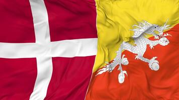 Dänemark und Bhutan Flaggen zusammen nahtlos Schleifen Hintergrund, geloopt stoßen Textur Stoff winken schleppend Bewegung, 3d Rendern video