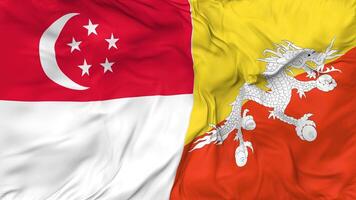 Singapore and Bhutan Flags Together Seamless Looping Background, Looped Bump Texture Cloth Waving Slow Motion, 3D Rendering video