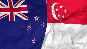 Singapore and New Zealand Flags Together Seamless Looping Background, Looped Bump Texture Cloth Waving Slow Motion, 3D Rendering video