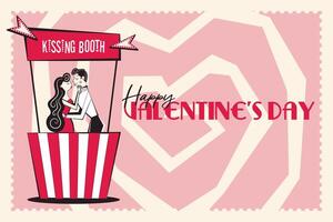 Happy Valentine's Day banner, backround. Horizontal poster with couple in the kissing booth in trendy retro style of 60s 70s. Vector illustration.