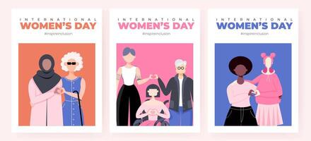 internacional De las mujeres día bandera, antecedentes, póster. inspirar inclusión 2024 campaña. grupo de mujer de diferente etnicidad, edad, cuerpo tipo, pelo color vector ilustración en plano estilo.