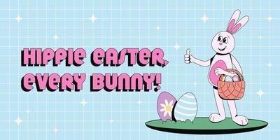 Groovy hippie Happy Easter banner, background, poster. Easter bunny with eggs in basket, greeting text. Vector illustration of cartoon character and typography in trendy retro 60s 70s style.