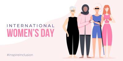 International Women's Day banner, backround, poster. Inspire inclusion 2024 campaign. Group of sportswomen of different ethnicity, age, body type, hair color vector illustration in flat style.