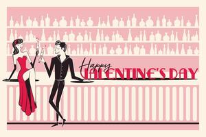 Happy Valentine's Day banner, backround. Horizontal poster with couple in the bar in trendy retro style of 60s 70s. Vector illustration.