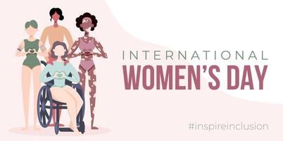 internacional De las mujeres día bandera, antecedentes, póster. inspirar inclusión 2024 campaña. grupo de mujer de diferente etnicidad, edad, cuerpo tipo, pelo color vector ilustración en plano estilo.