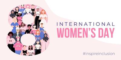 internacional De las mujeres día bandera, antecedentes, póster. inspirar inclusión 2024 campaña. grupo de mujer de diferente etnicidad, edad, cuerpo tipo, pelo color vector ilustración en plano estilo.