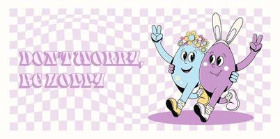 Groovy hippie Happy Easter banner, background, poster. Easter eggs walking, smilling, greeting text. Vector illustration of cartoon character and typography in trendy retro 60s 70s style.