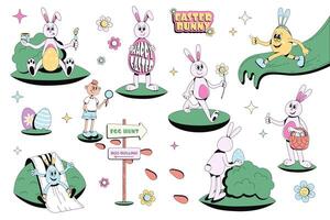 Easter retro groovy set. Easter bunny and Easter egg characters in trendy hippie cartoon 60s 70s style. Flat vector hand drawn illustration set.