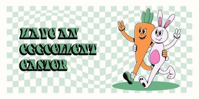 Groovy hippie Happy Easter banner, background, poster. Easter rabbit with carrot, greeting text. Vector illustration of cartoon character and typography in trendy retro 60s 70s style.