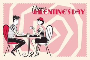 Happy Valentine's Day banner, backround. Horizontal poster with couple in trendy retro style of 60s 70s. Vector illustration.