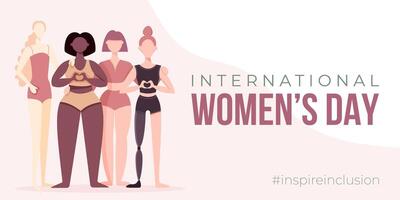 International Women's Day banner, backround, poster. Inspire inclusion 2024 campaign. Group of women of different ethnicity, age, body type, hair color vector illustration in flat style.