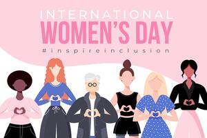 internacional De las mujeres día bandera, antecedentes, póster. inspirar inclusión 2024 campaña. grupo de mujer de diferente etnicidad, edad, cuerpo tipo, pelo color vector ilustración en plano estilo.