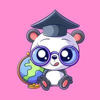 Cute panda is wearing a graduation cap and there is a globe behind it vector