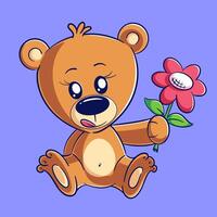 Cute bear sitting carrying flowers vector