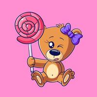 Cute bear sitting carrying a lollipop vector