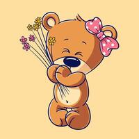 Cute bear holding flowers, vector illustration