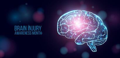 Brain injury awareness month concept with glowing low poly brain. Wireframe low poly style. Abstract modern 3d vector illustration on dark blue background.