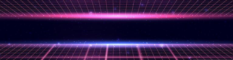 Wireframe perspective grid. Space neon infinity mesh, abstract retro  background. Vector illustration