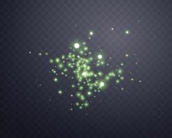 Green glittering dots, particles, stars magic sparks. Glow flare light effect. Green luminous points. Vector particles.