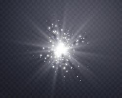 Silver sunlight lens flare, sun flash with rays and spotlight. Glowing burst explosion. Vector illustration.