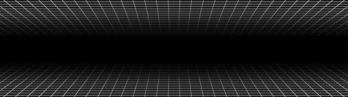 Wireframe perspective grid. White infinity mesh on black background, Abstract retro style. Vector illustration.