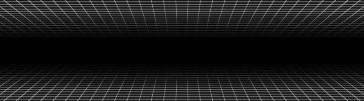 Wireframe perspective grid. White infinity mesh on black background, Abstract retro style. Vector illustration.