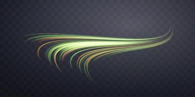 Glowing green lines. Neon realistic energy speed. Abstract light effect. Vector illustration.