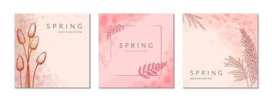 Spring summer loral social media square post templates set. Waterolor green, beige, pink, pastel abstract flower background and greeting cards design. Circle and square botanical plant frame vector