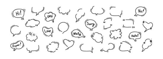 Doodle blank speech bubble set. Comic talk cloud and balloon icons. Speak, think, chat, conversation, dialog, discussion cartoon hand drawn concept. Space for text. Manga style. Quotation box vector